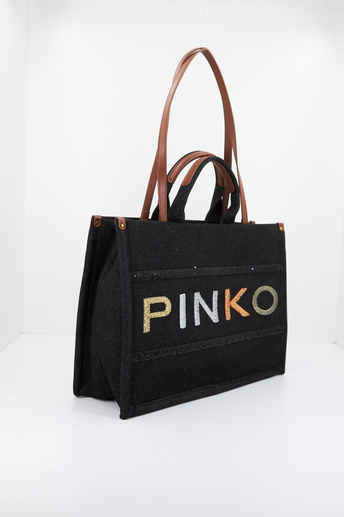 PINKO SHOPPER DENIM RICAMO LO en color NEGRO  (1)